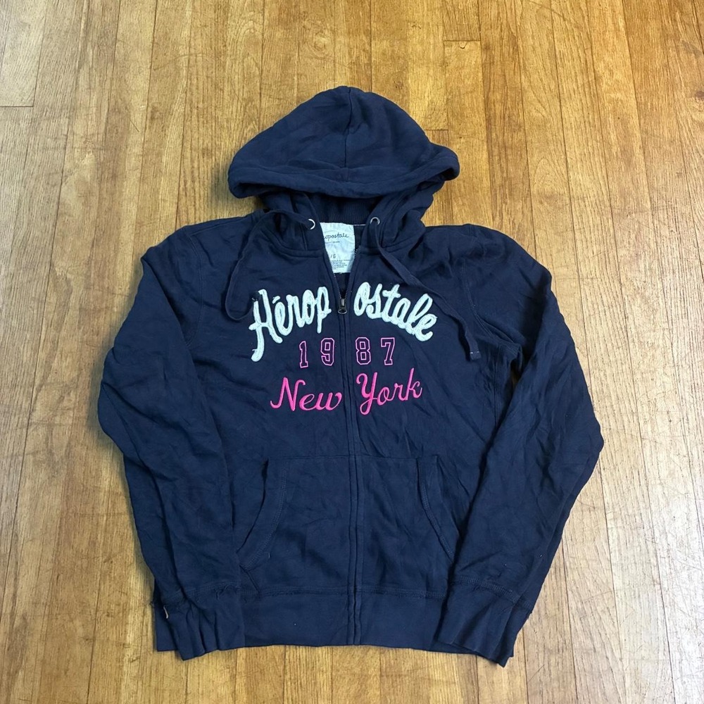 VINTAGE Y2K Aeropostale 1987 New York Full Zip Hoodie Navy Blue Women Large